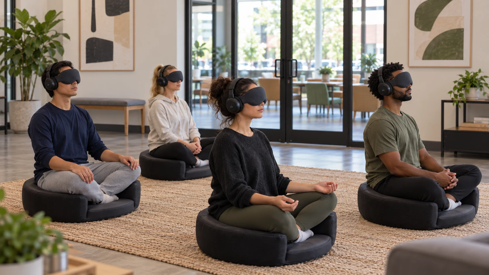 A small Still Point group experience in a shared community space, with participants seated on meditation cushions wearing headphones and eye masks.