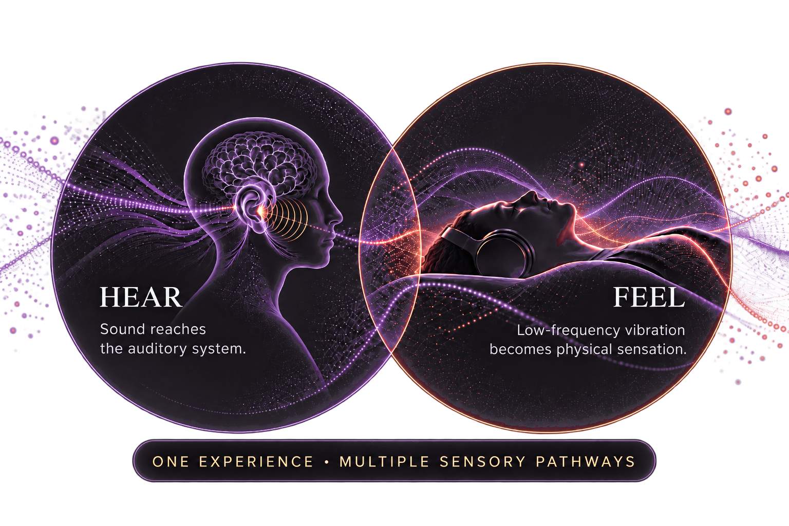 Diagram showing sound reaching the auditory system and low-frequency vibration becoming physical sensation, two sensory pathways within one experience