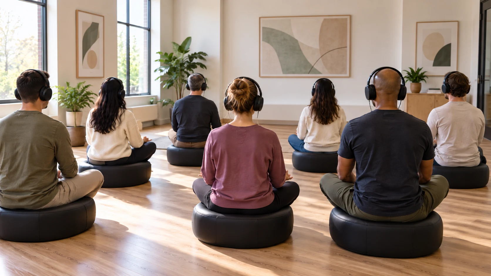 A group of people seated on cushions with headphones, sharing a Still Point experience in a bright modern room
