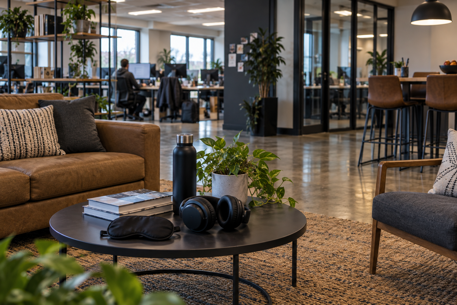 A contemporary office commons representing Still Point at Work