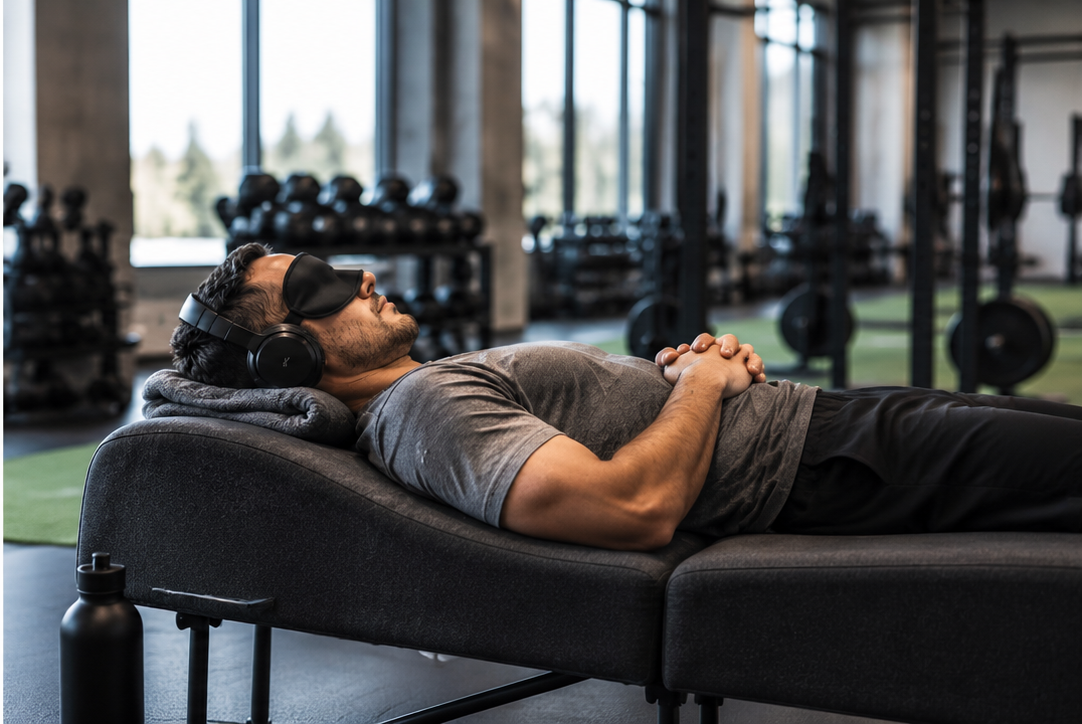 An athlete resting on a Vibroacoustic Table in a performance gym