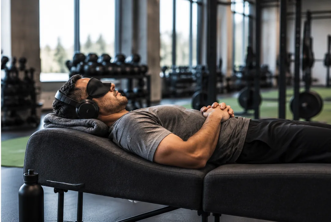 An athlete resting on a Vibroacoustic Table in a performance gym